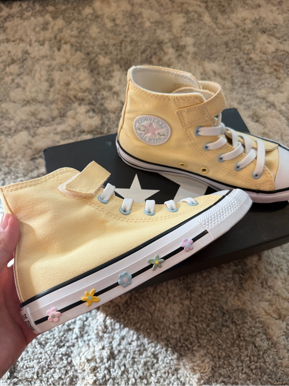 Converse Kids' High-Top Sneakers in Pale Yellow with Floral Charms
